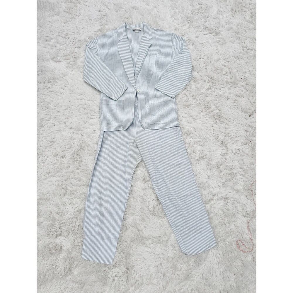 Vintage Cathy Daniels Seersucker Blazer & Pants Set Blue White Sz M